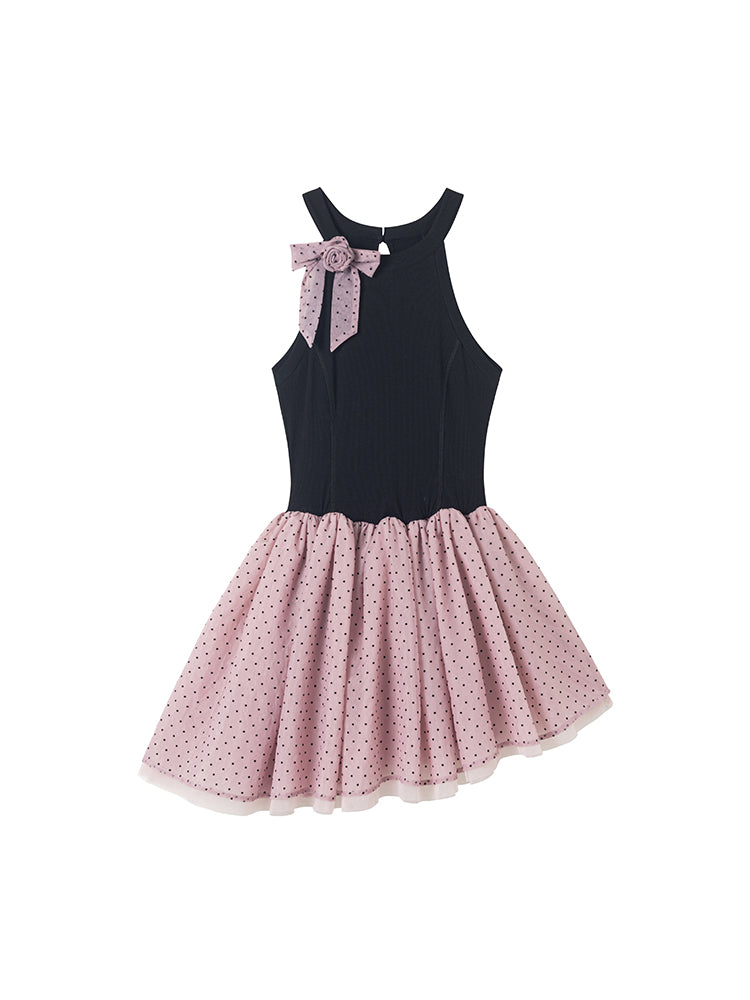 Asymmetric Hem Polka Dot Sleeveless Dress With Bow