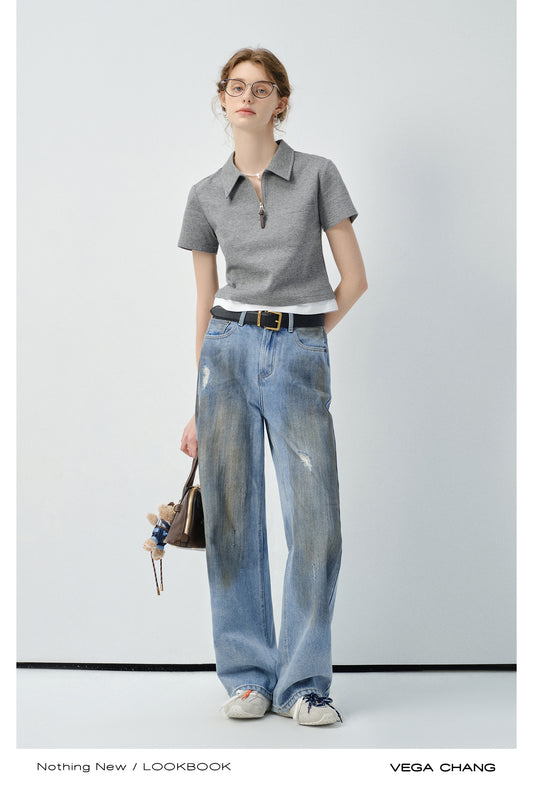 Faux Layered Half-Zip Polo Collar Shirt