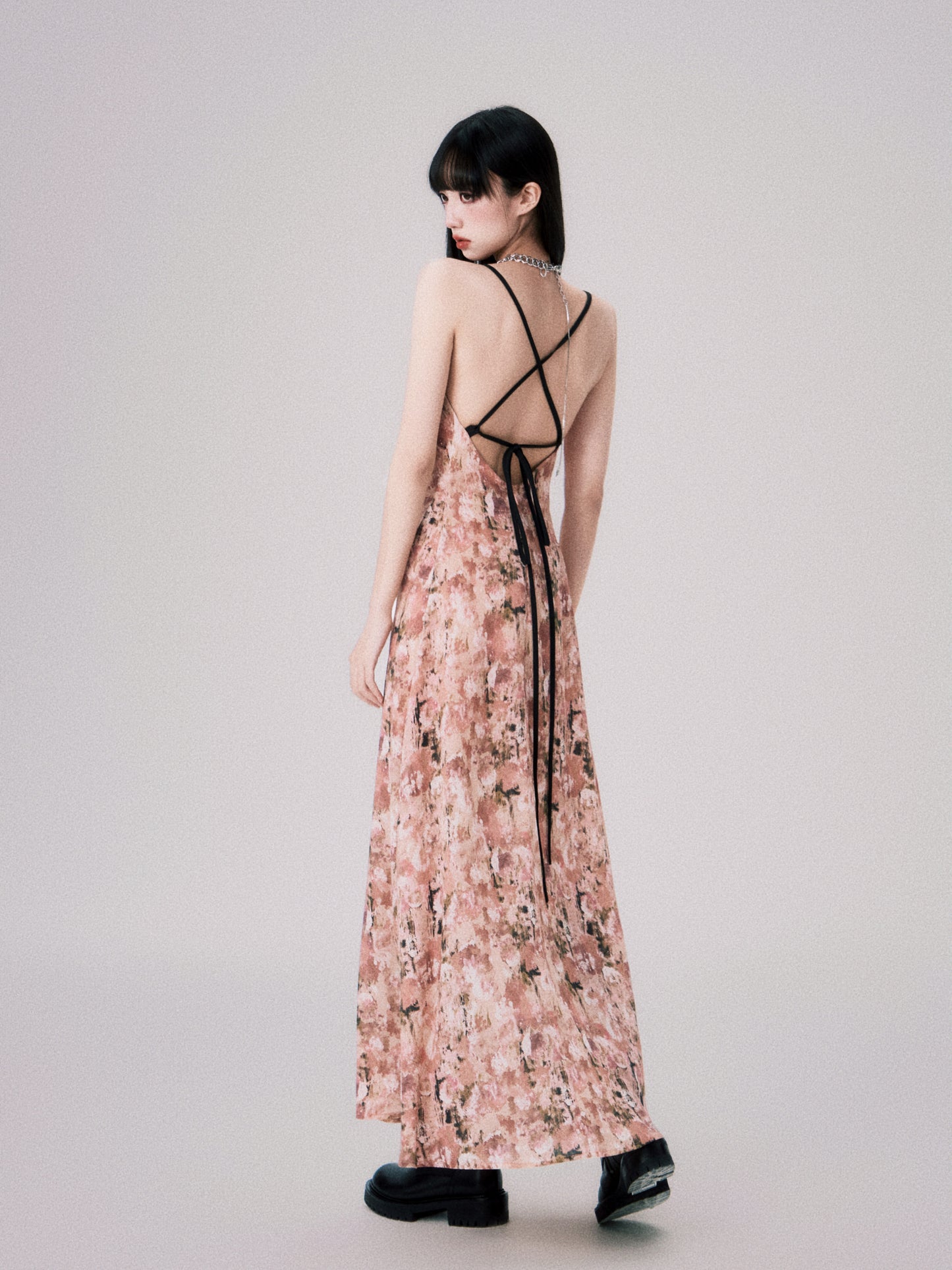 Floral Cross-Strap Dress With Front Slit