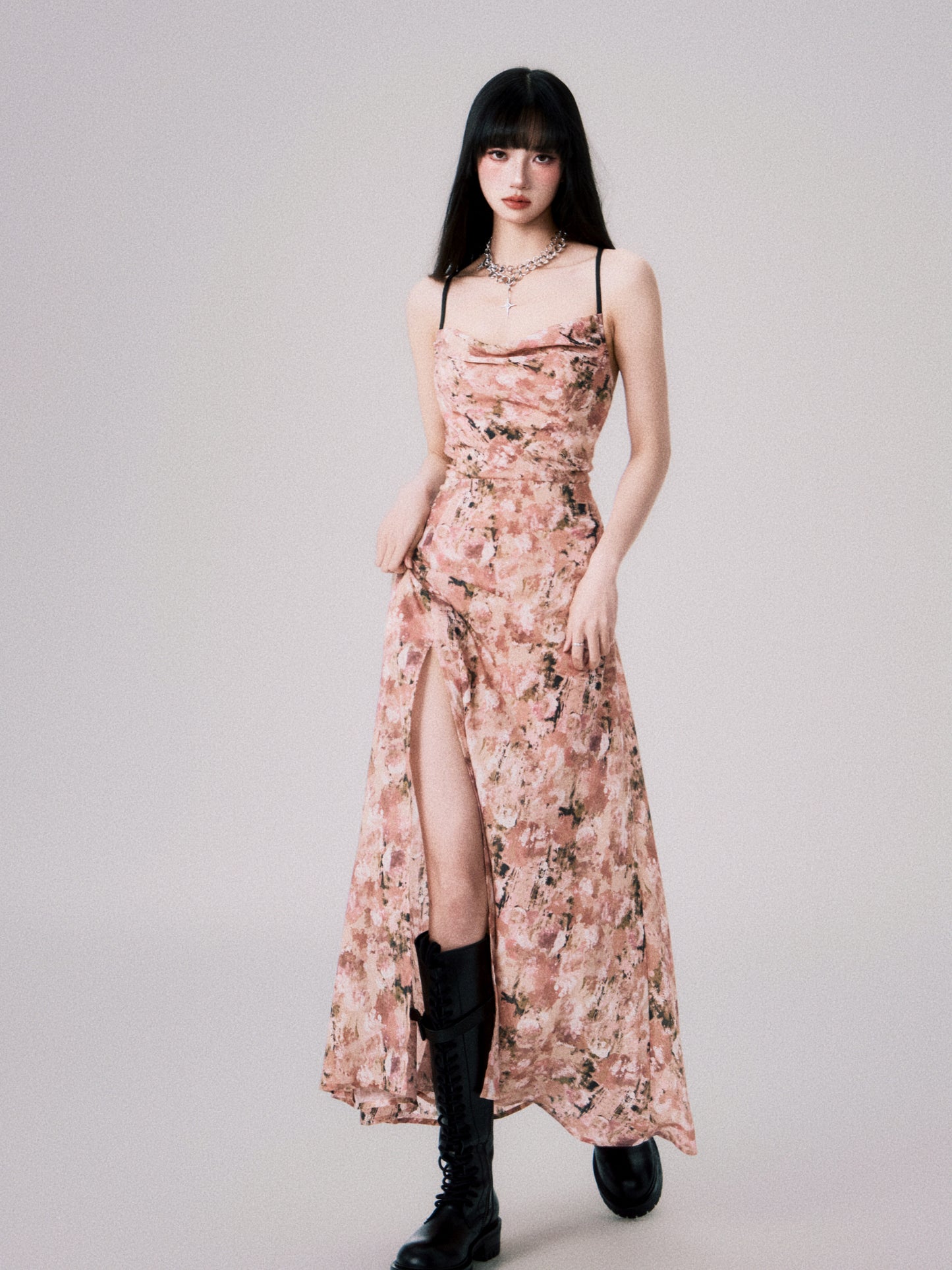 Floral Cross-Strap Dress With Front Slit