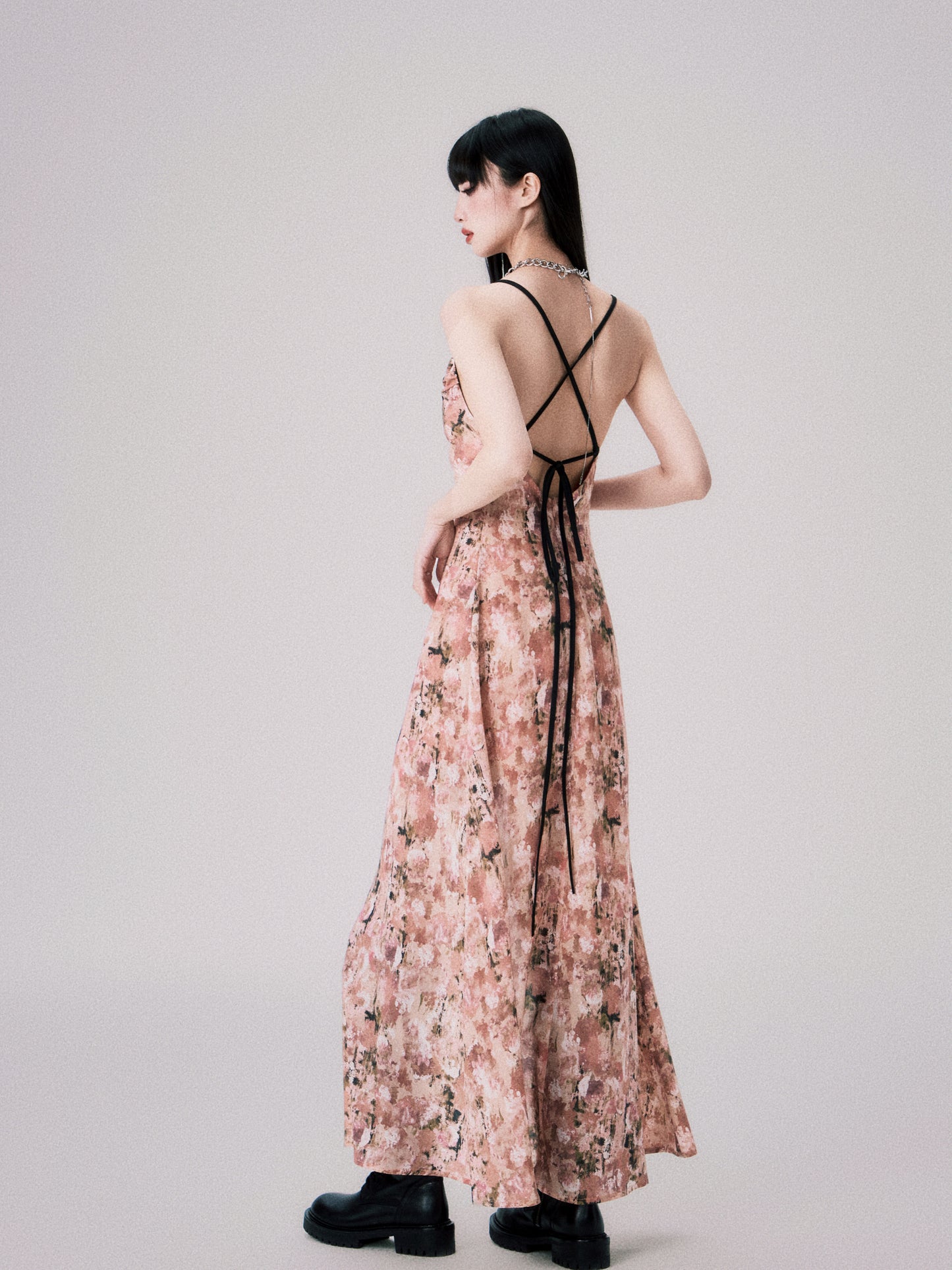 Floral Cross-Strap Dress With Front Slit
