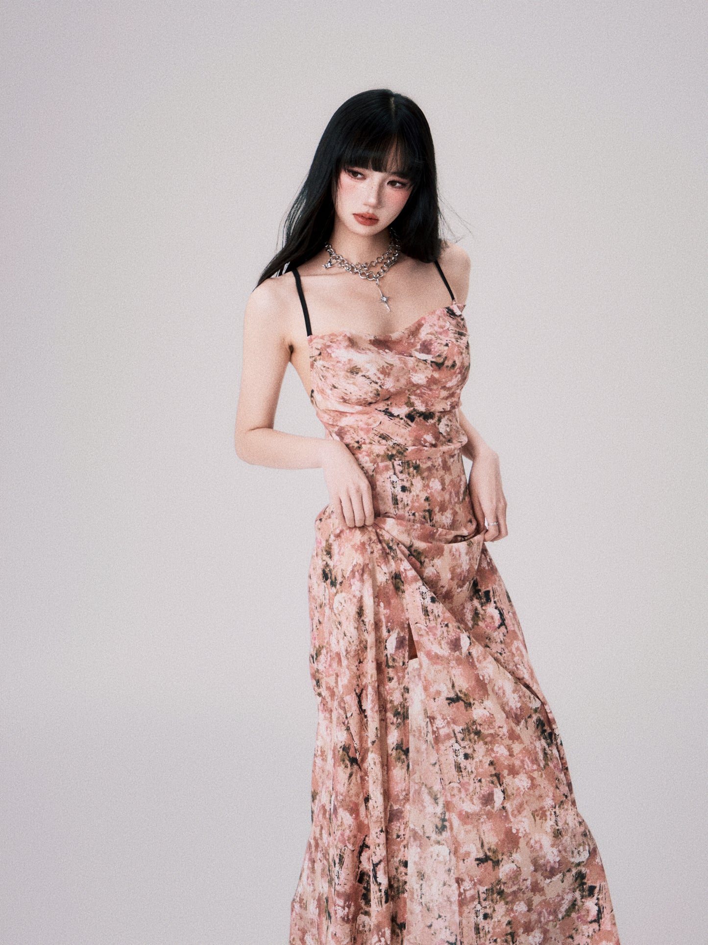 Floral Cross-Strap Dress With Front Slit