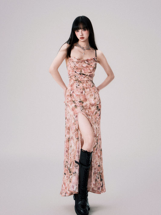 Floral Cross-Strap Dress With Front Slit