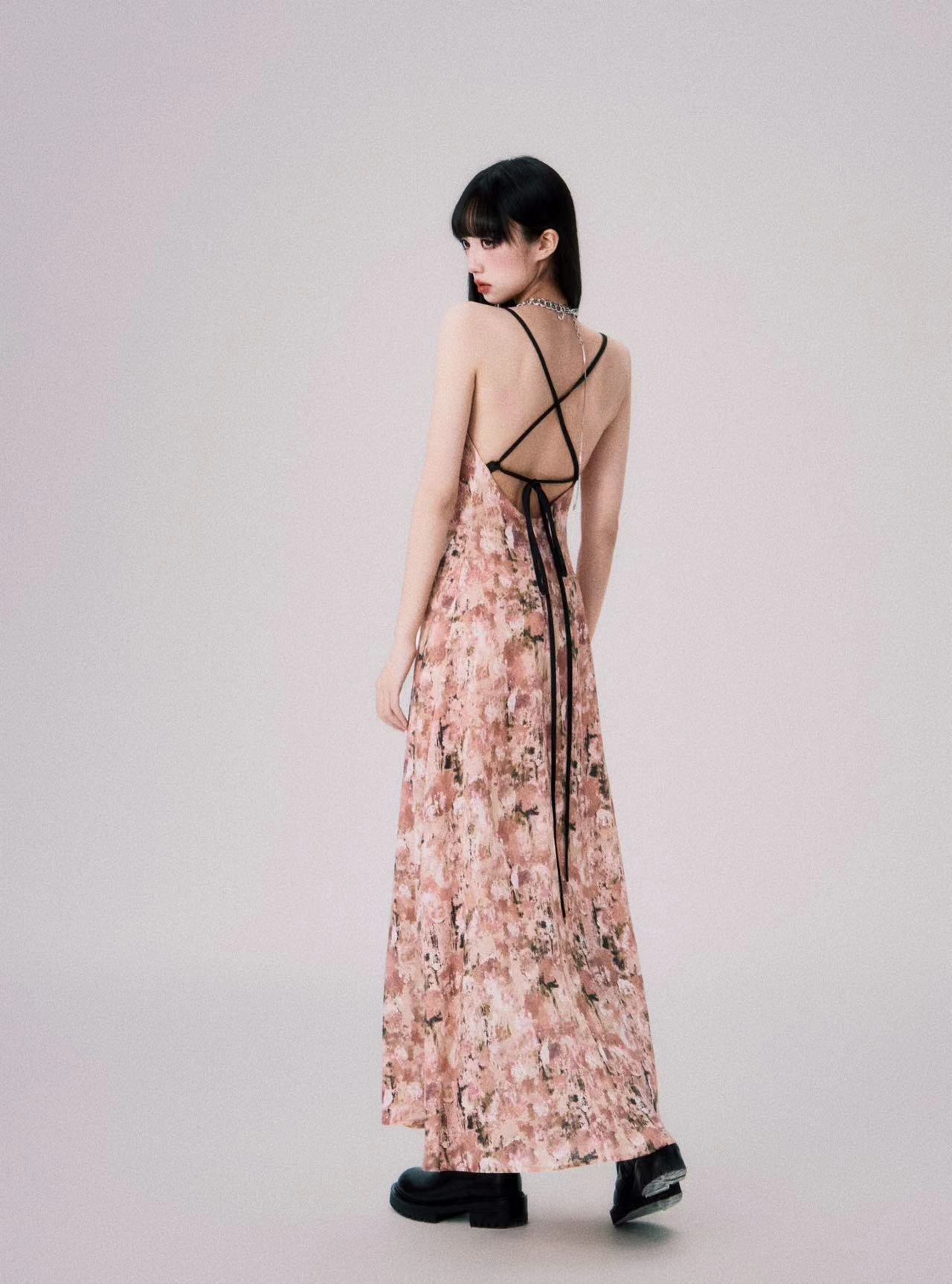 Floral Cross-Strap Dress With Front Slit