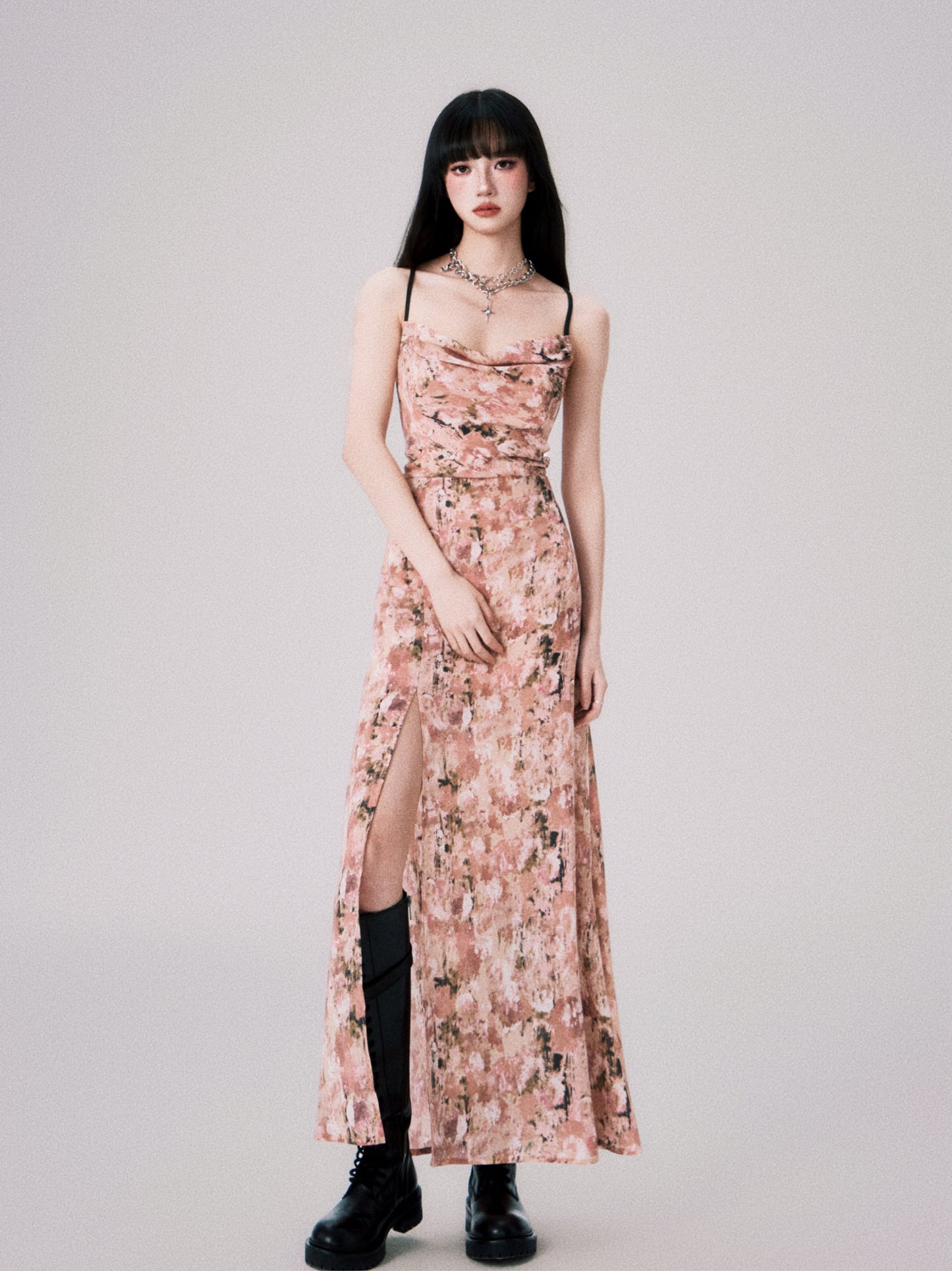 Floral Cross-Strap Dress With Front Slit