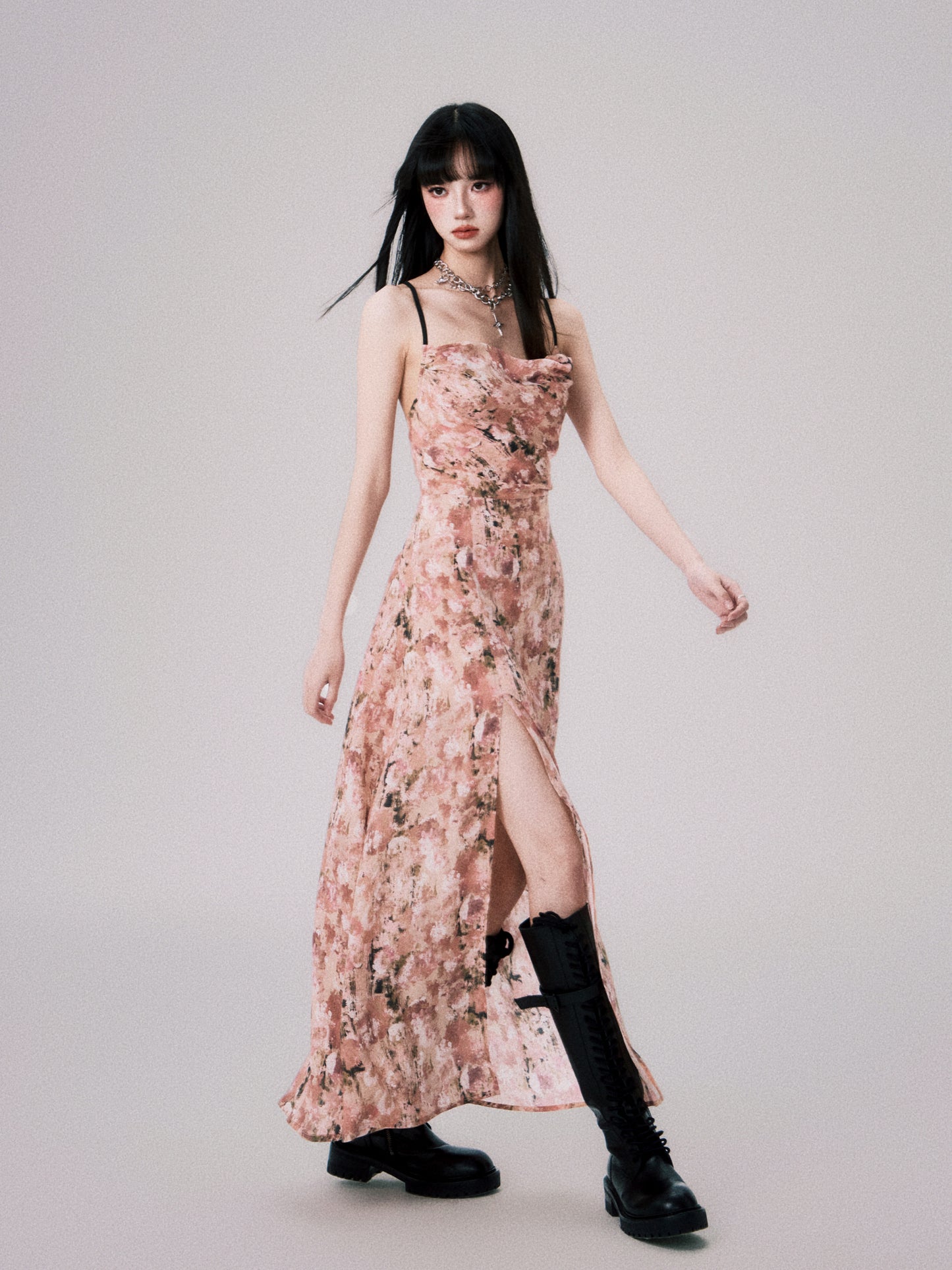Floral Cross-Strap Dress With Front Slit