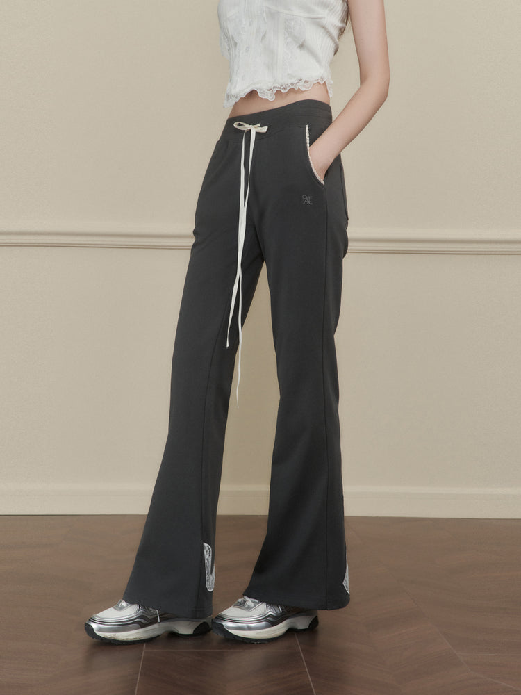 Flared Jogger Pants With Drawstring And Lace Bow Detail