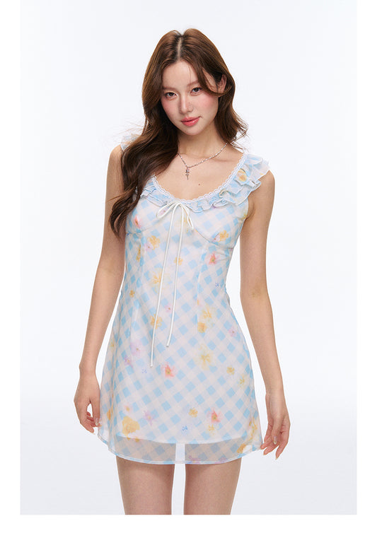 Gingham Check Sleeveless Mini Chiffon Dress