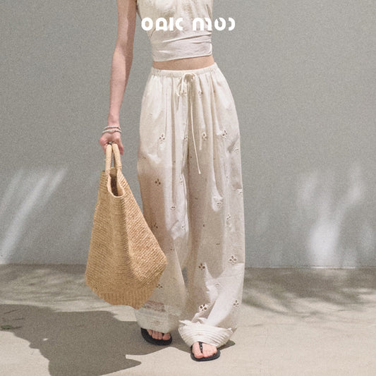 Eyelet Embroidered Wide-Leg Cotton Pants