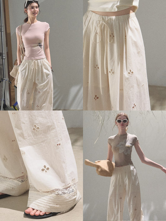 Eyelet Embroidered Wide-Leg Cotton Pants