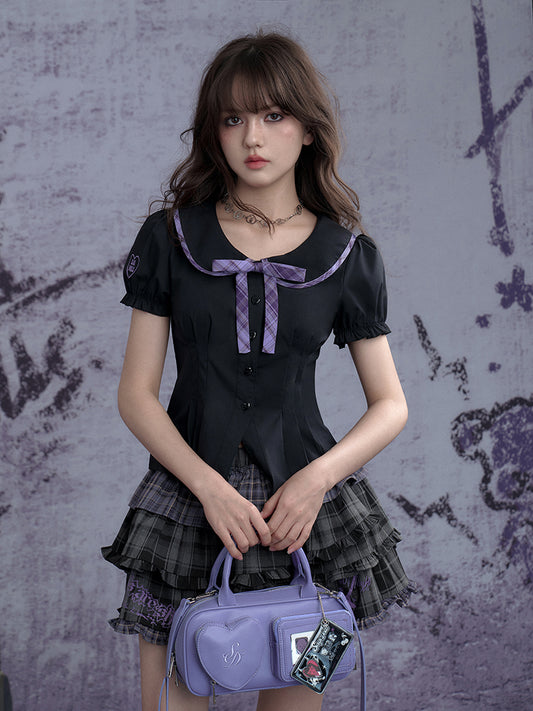 Peter Pan Collar Puff-Sleeve Tailored Blouse