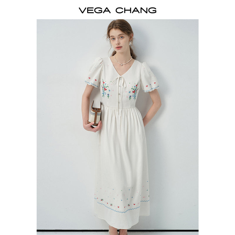 Floral Embroidered Puff-Sleeve V-Neck Dress