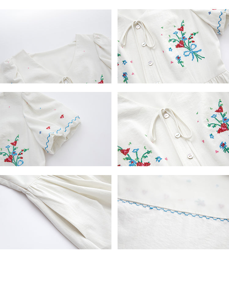Floral Embroidered Puff-Sleeve V-Neck Dress