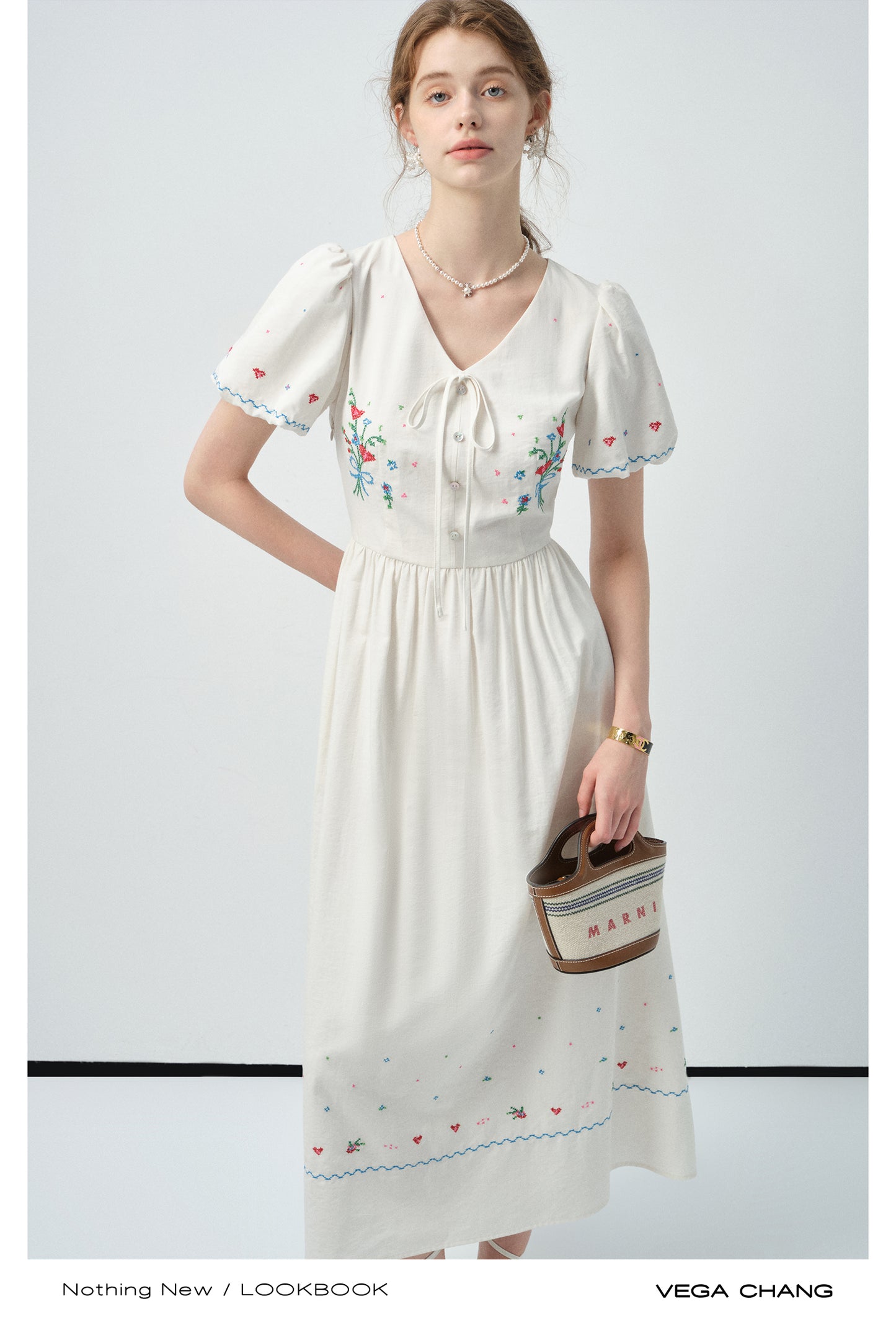 Floral Embroidered Puff-Sleeve V-Neck Dress