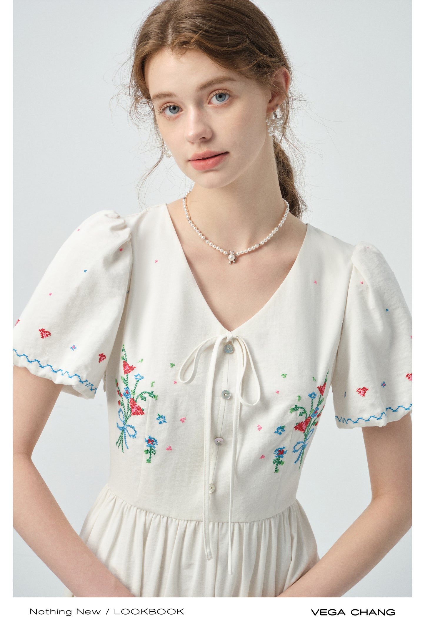Floral Embroidered Puff-Sleeve V-Neck Dress