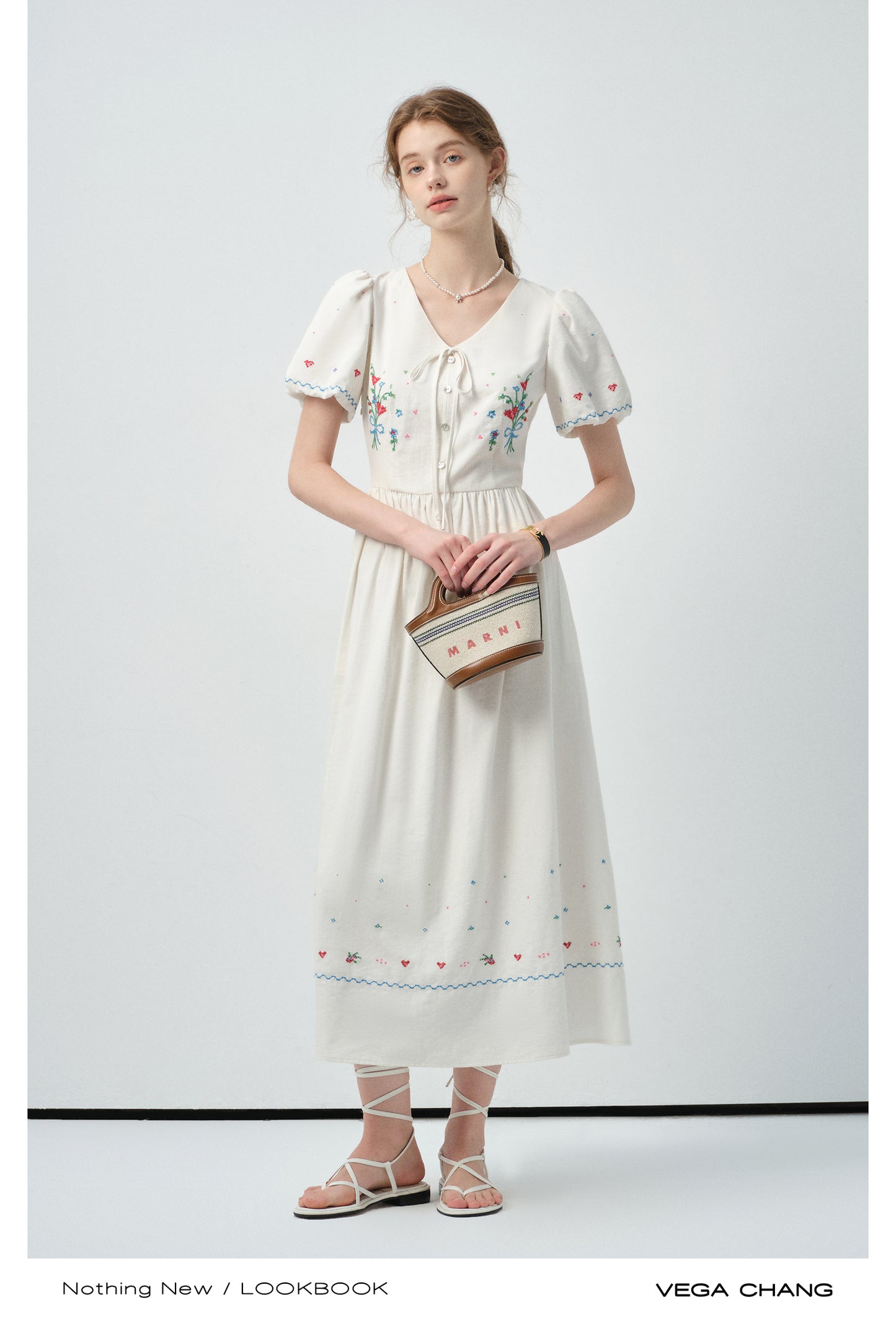 Floral Embroidered Puff-Sleeve V-Neck Dress