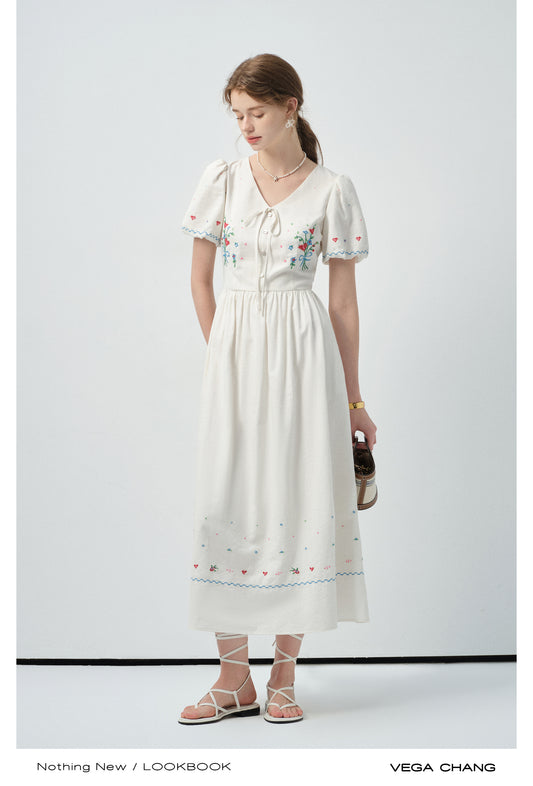 Floral Embroidered Puff-Sleeve V-Neck Dress