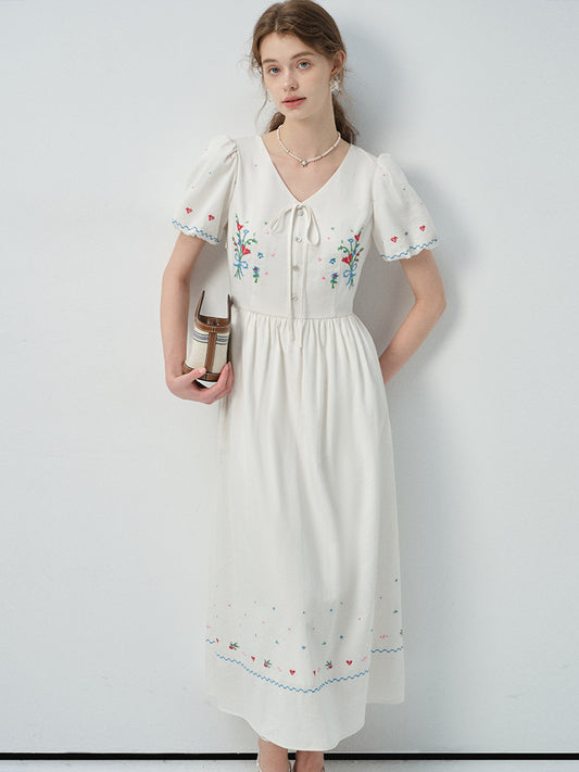 Floral Embroidered Puff-Sleeve V-Neck Dress