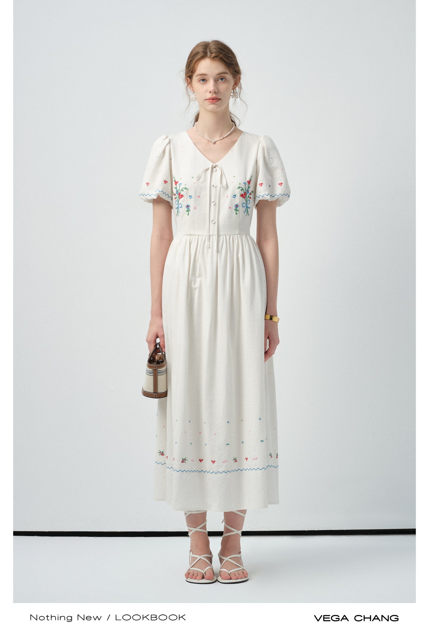 Floral Embroidered Puff-Sleeve V-Neck Dress