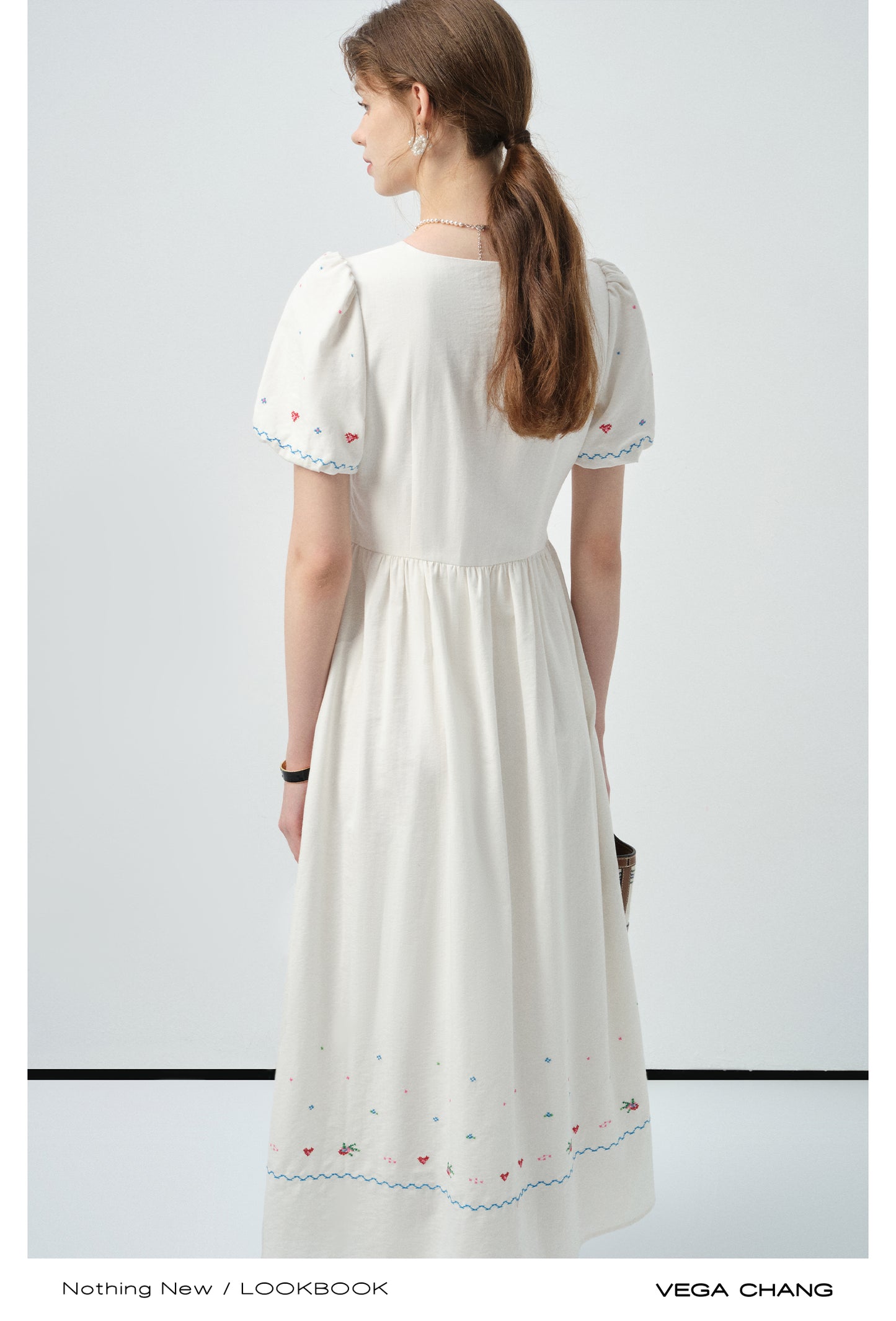 Floral Embroidered Puff-Sleeve V-Neck Dress