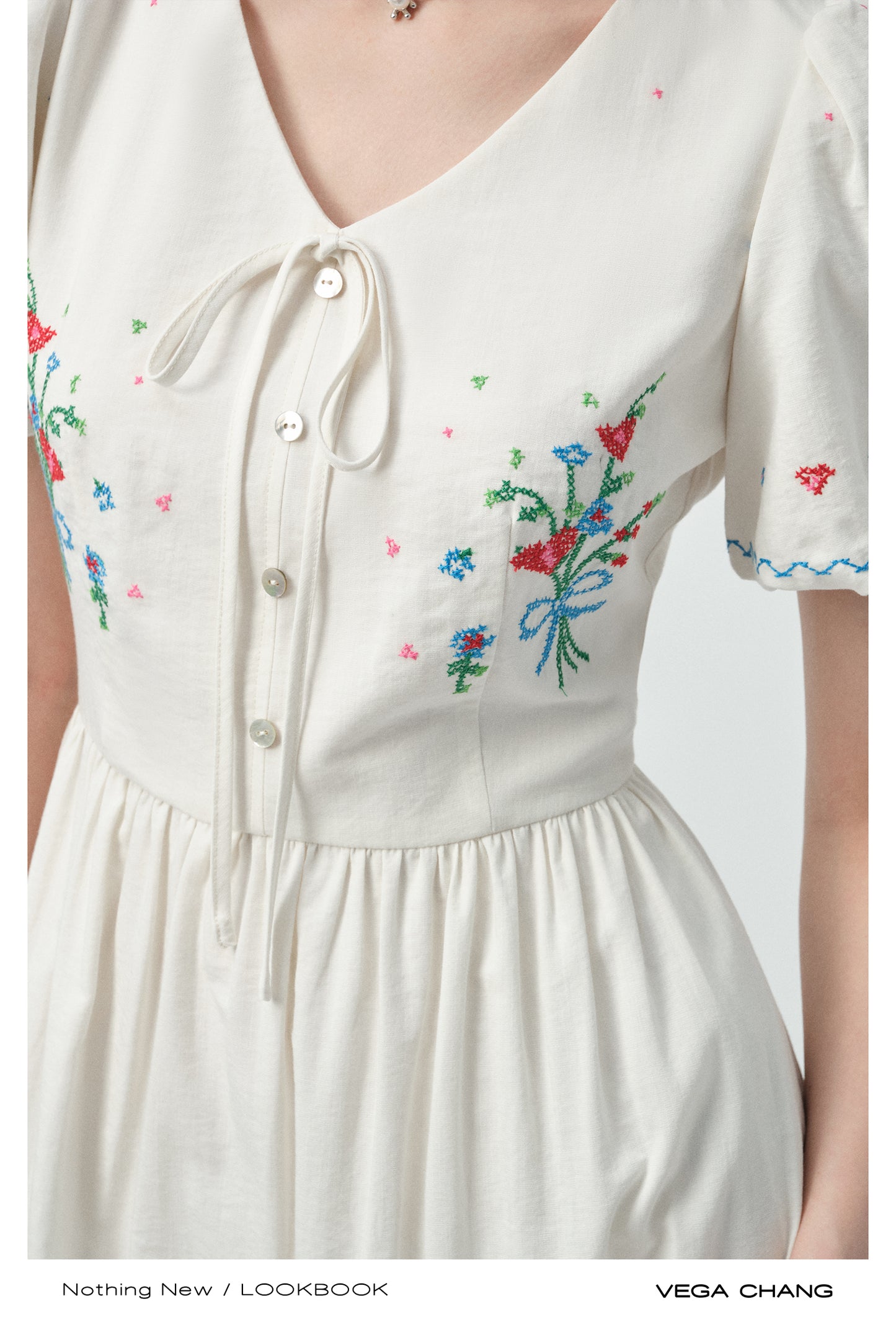 Floral Embroidered Puff-Sleeve V-Neck Dress