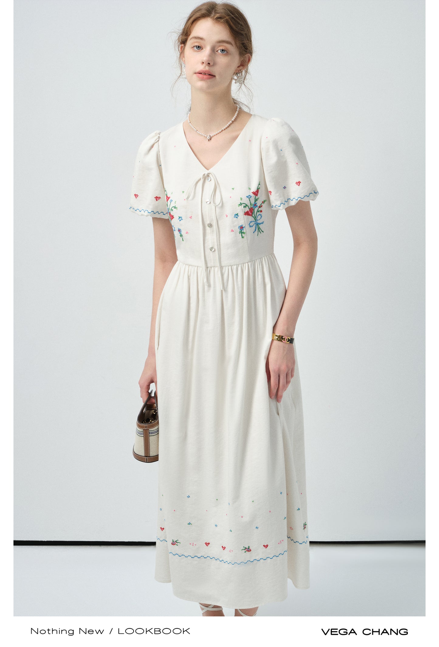 Floral Embroidered Puff-Sleeve V-Neck Dress