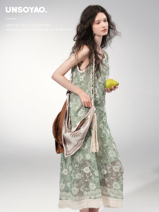 Fringed Sequin Floral Mesh Dress