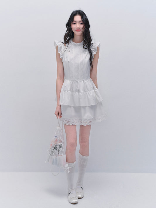 Butterfly Sleeve Embroidered Cut-Out Shoulder Dress