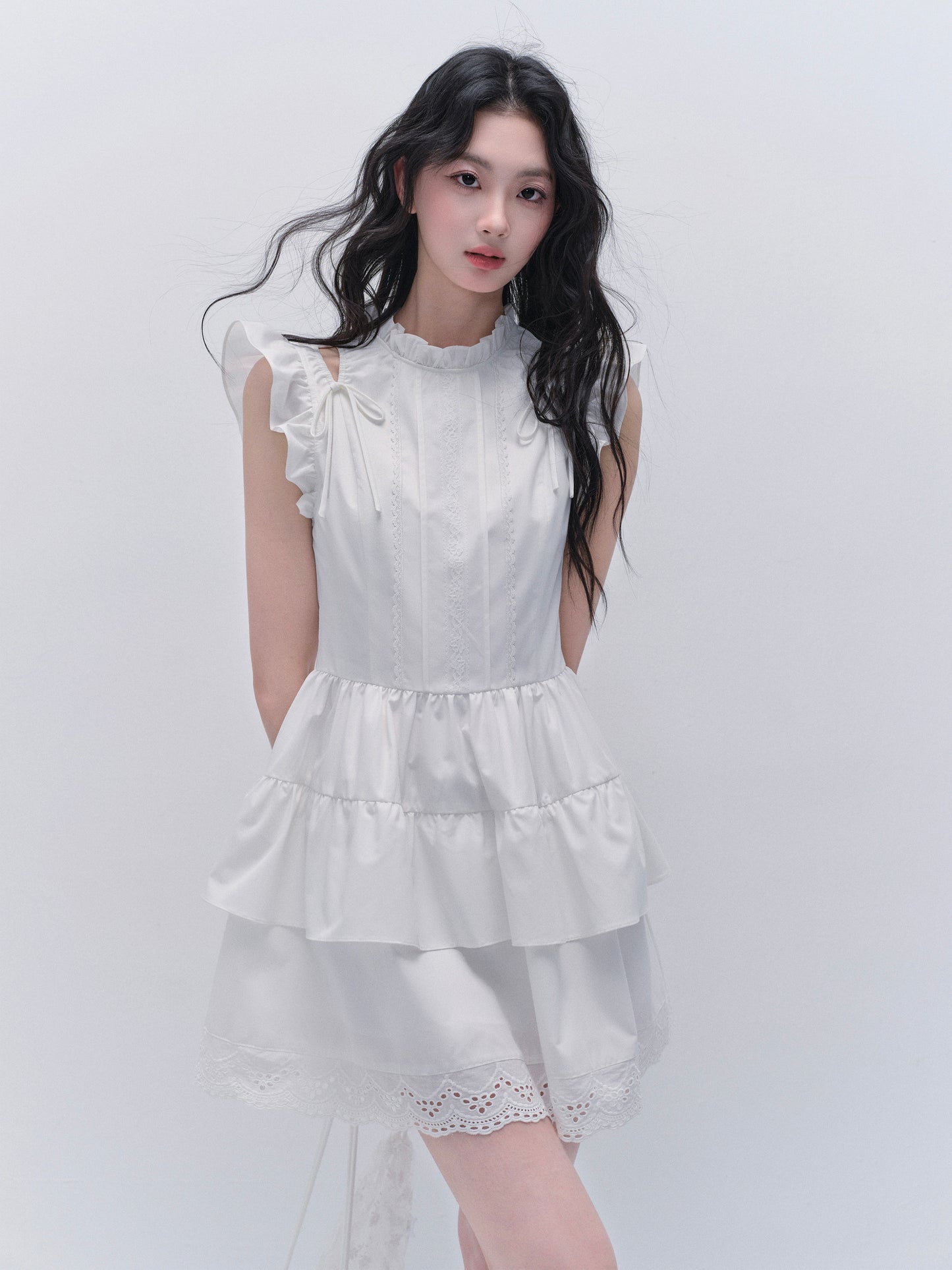 Butterfly Sleeve Embroidered Cut-Out Shoulder Dress