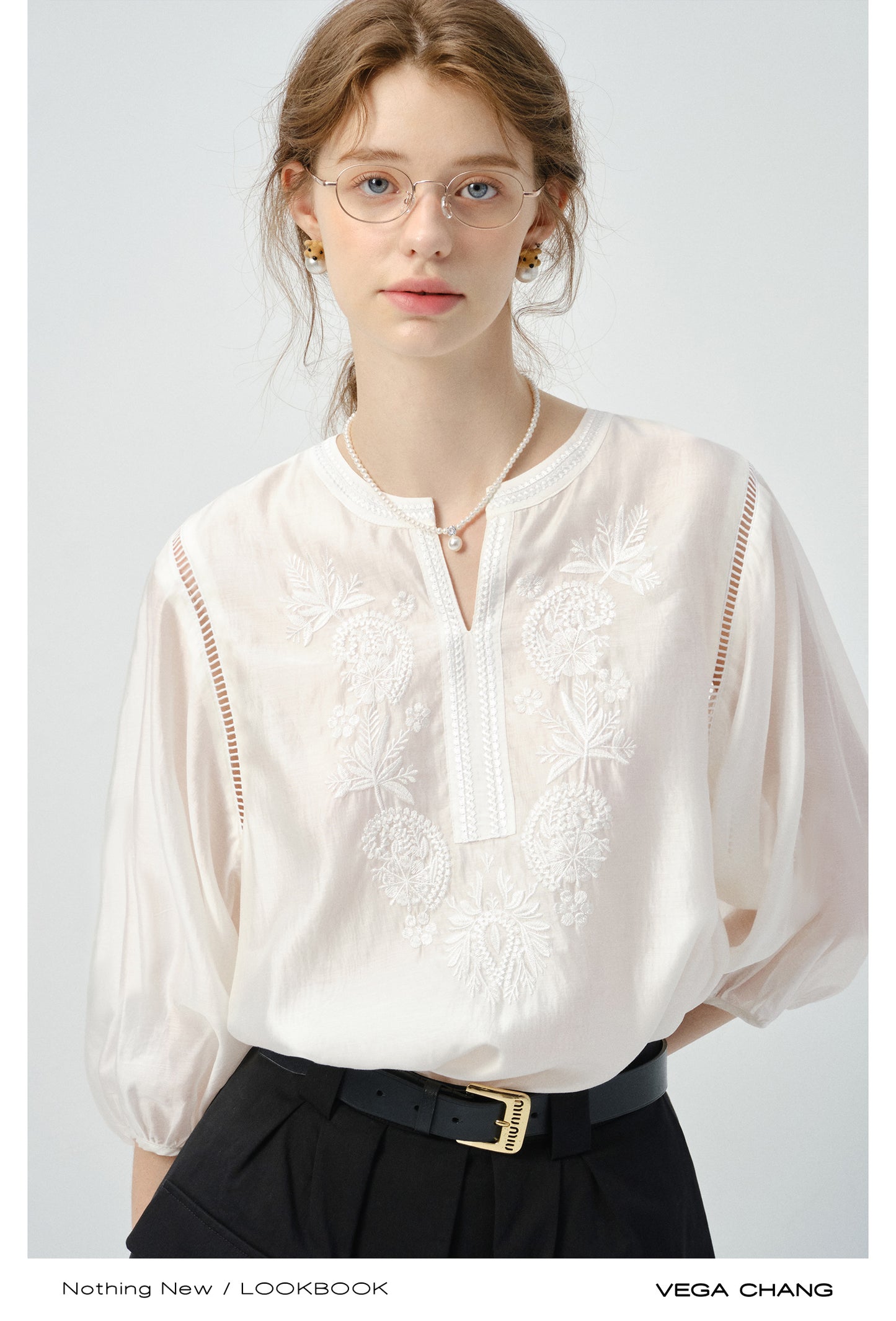 3/4 Sleeve Embroidered V-Neck Blouse