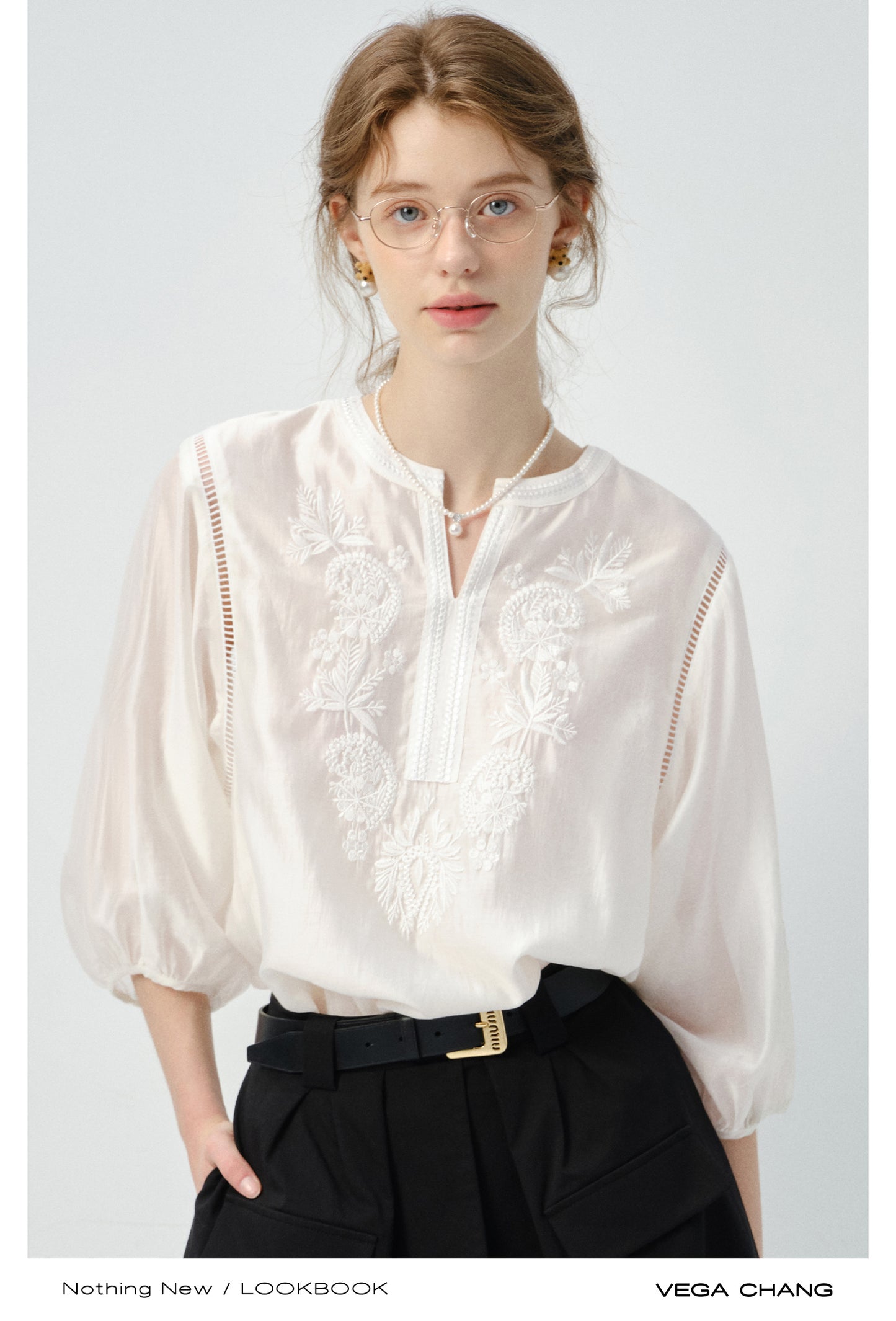 3/4 Sleeve Embroidered V-Neck Blouse