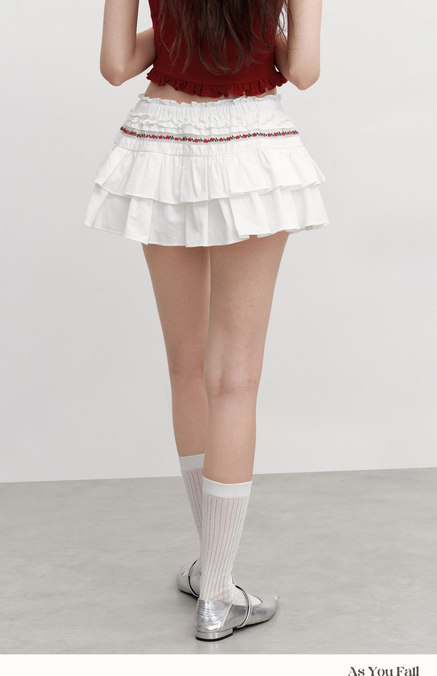 Puffy Skort With Floral Embroidery Detail