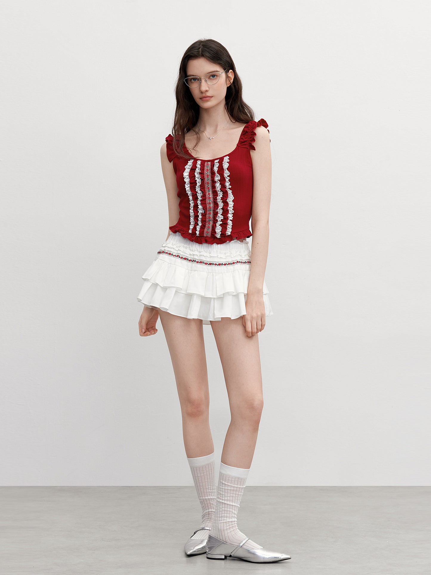 Puffy Skort With Floral Embroidery Detail