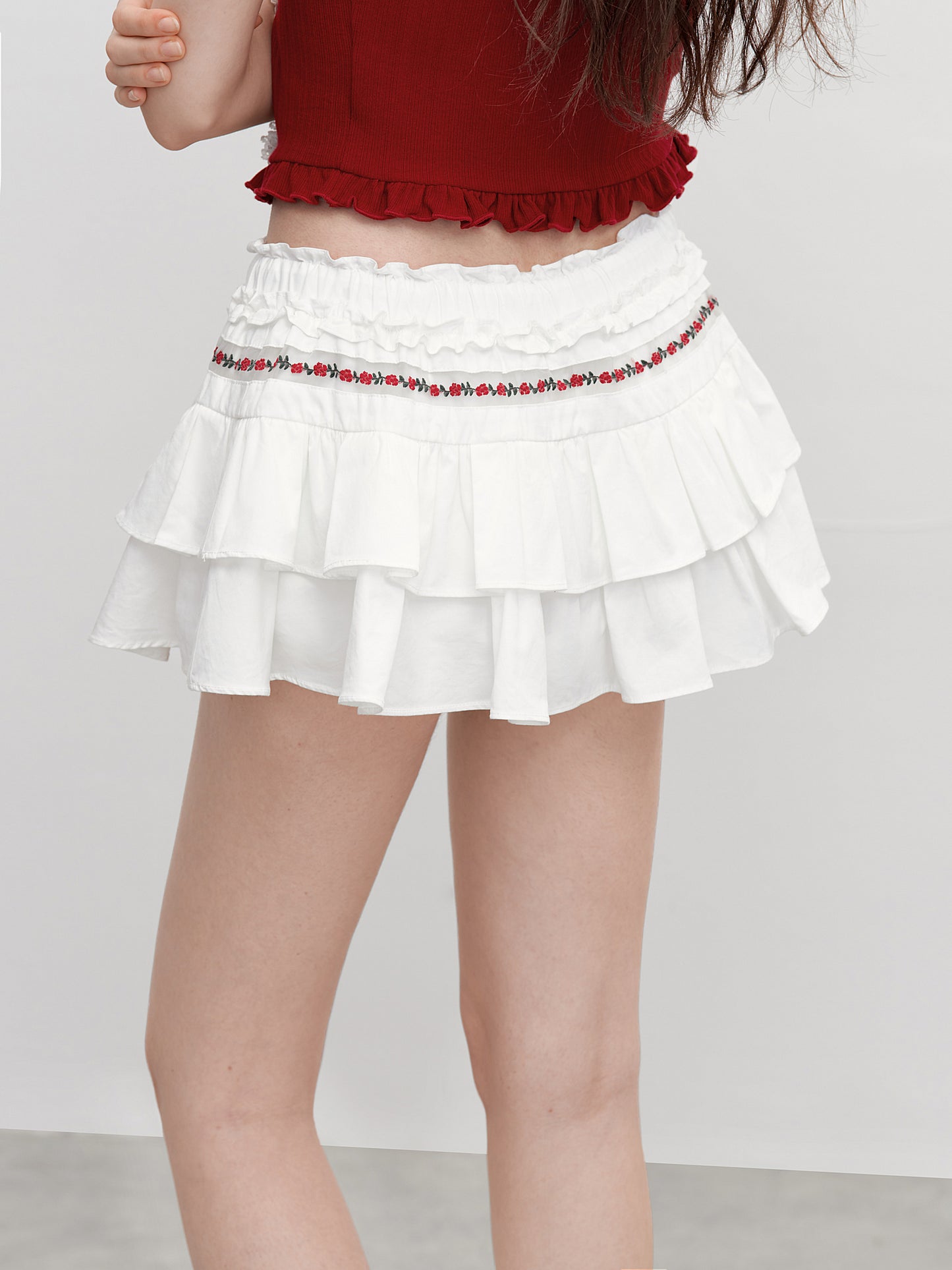 Puffy Skort With Floral Embroidery Detail