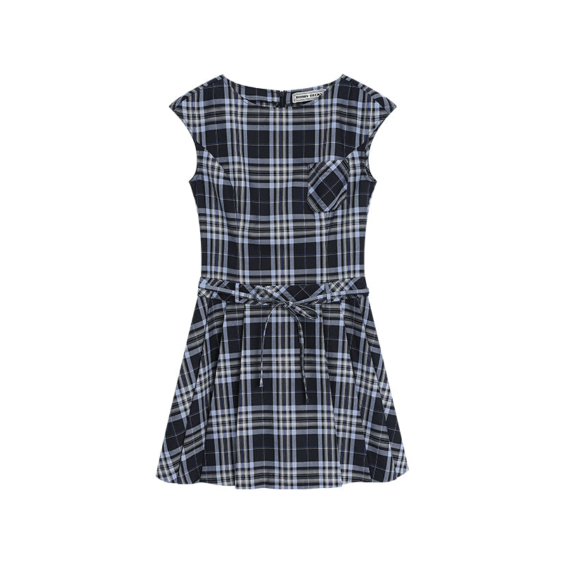 Cap-Sleeve Plaid Dress With Waist Tie