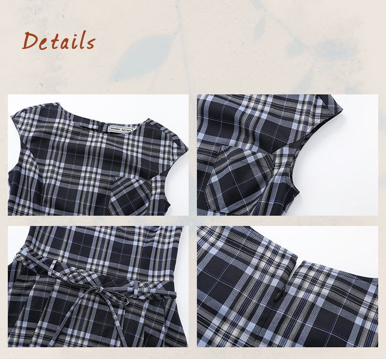 Cap-Sleeve Plaid Dress With Waist Tie