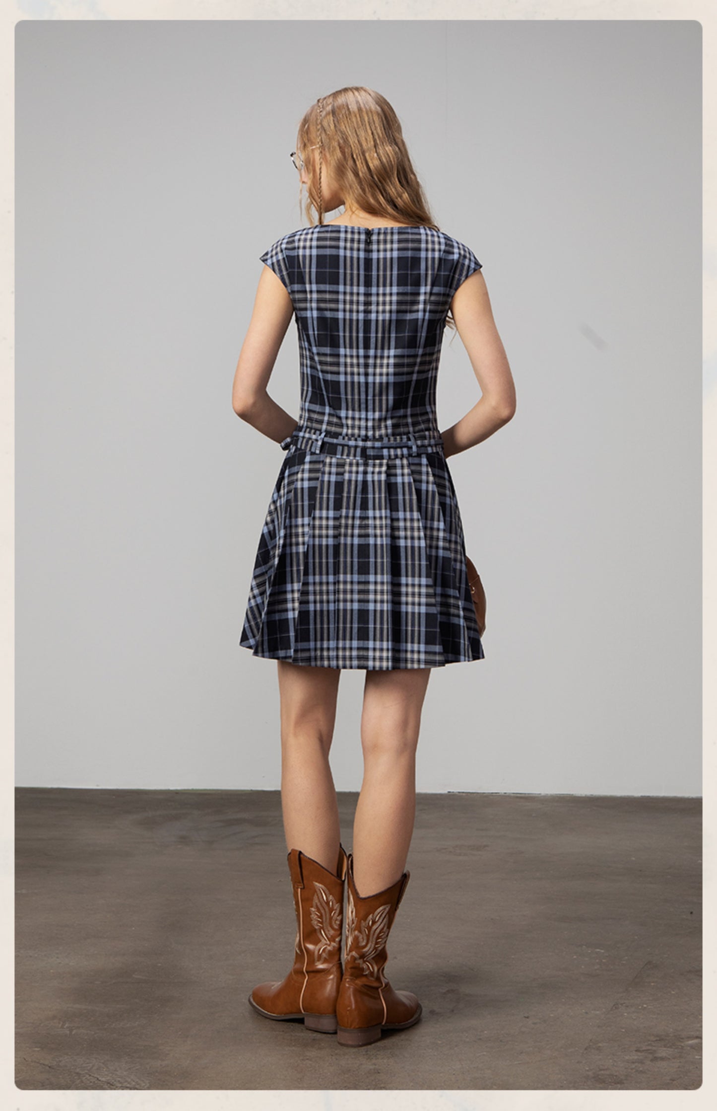Cap-Sleeve Plaid Dress With Waist Tie