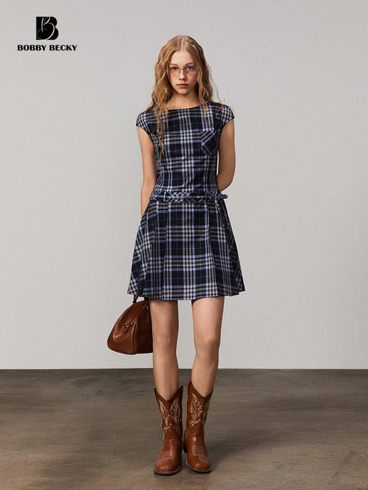 Cap-Sleeve Plaid Dress With Waist Tie