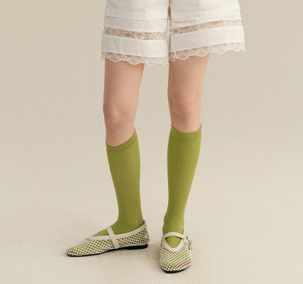 Elastic High Waist Cotton Shorts With Lace Detail