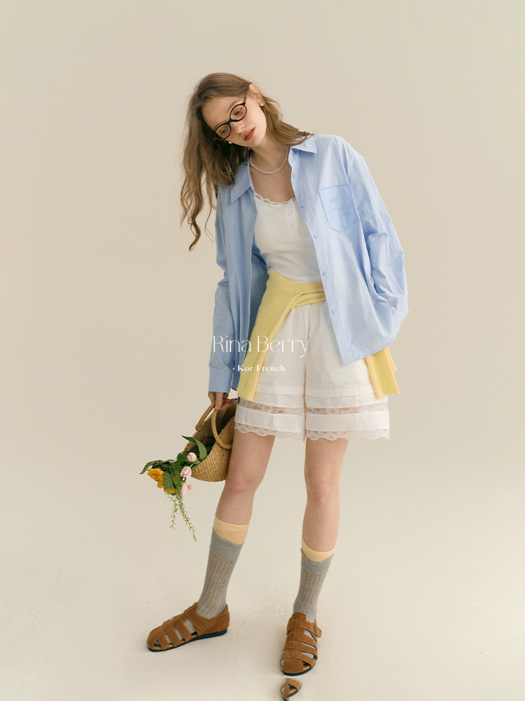 Elastic High Waist Cotton Shorts With Lace Detail