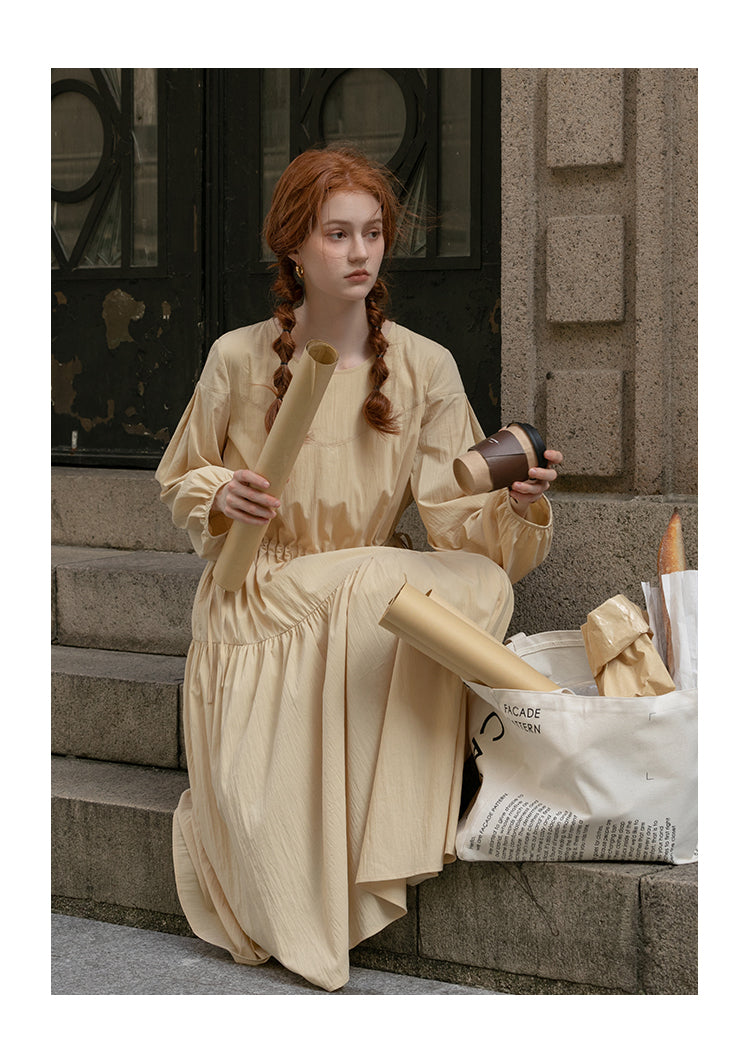Adjustable Waist Puff Sleeve Panel Dress