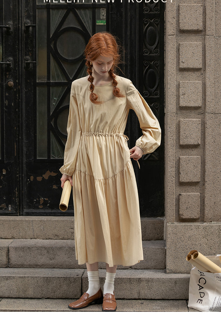 Adjustable Waist Puff Sleeve Panel Dress