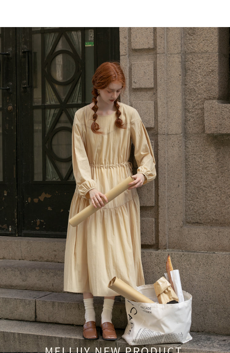 Adjustable Waist Puff Sleeve Panel Dress