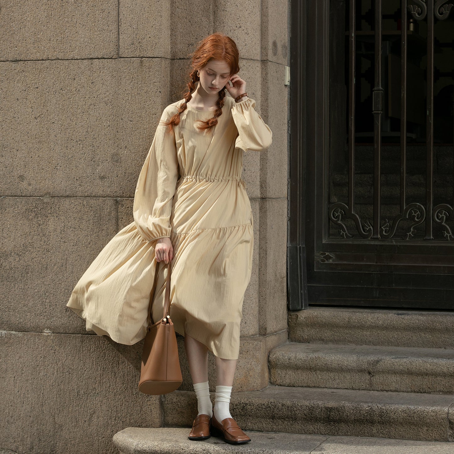 Adjustable Waist Puff Sleeve Panel Dress