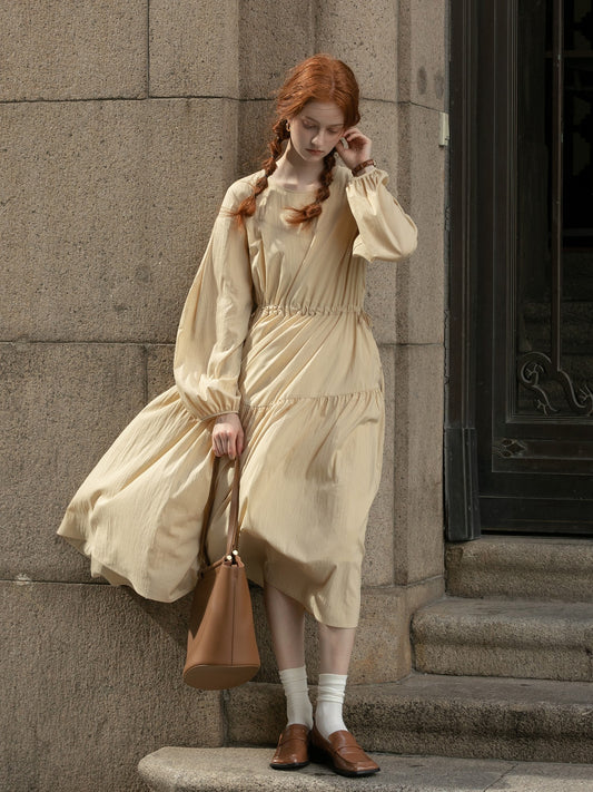 Adjustable Waist Puff Sleeve Panel Dress