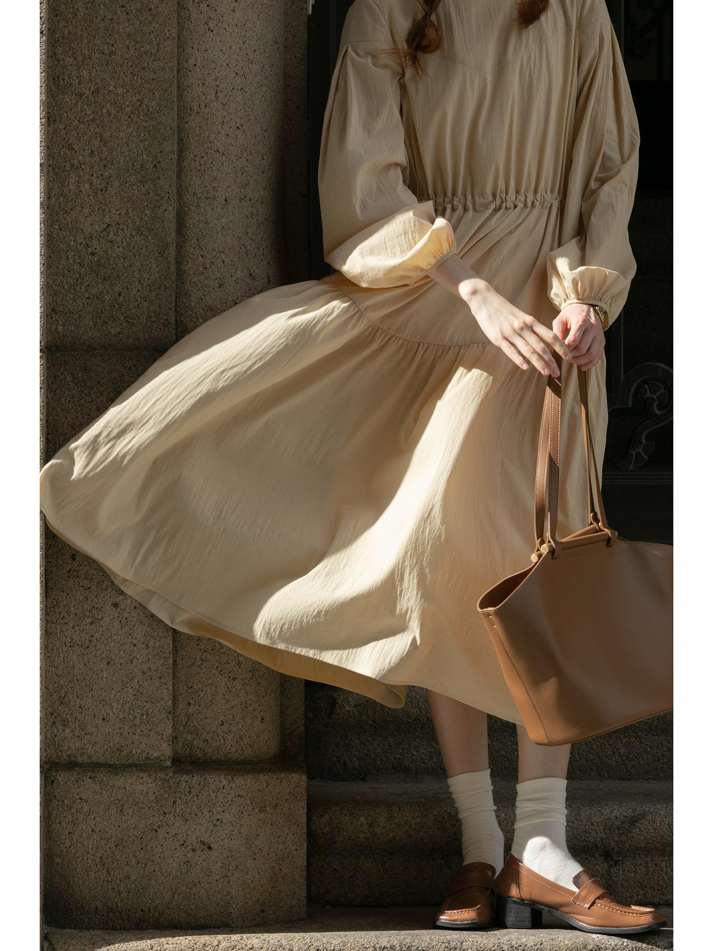 Adjustable Waist Puff Sleeve Panel Dress