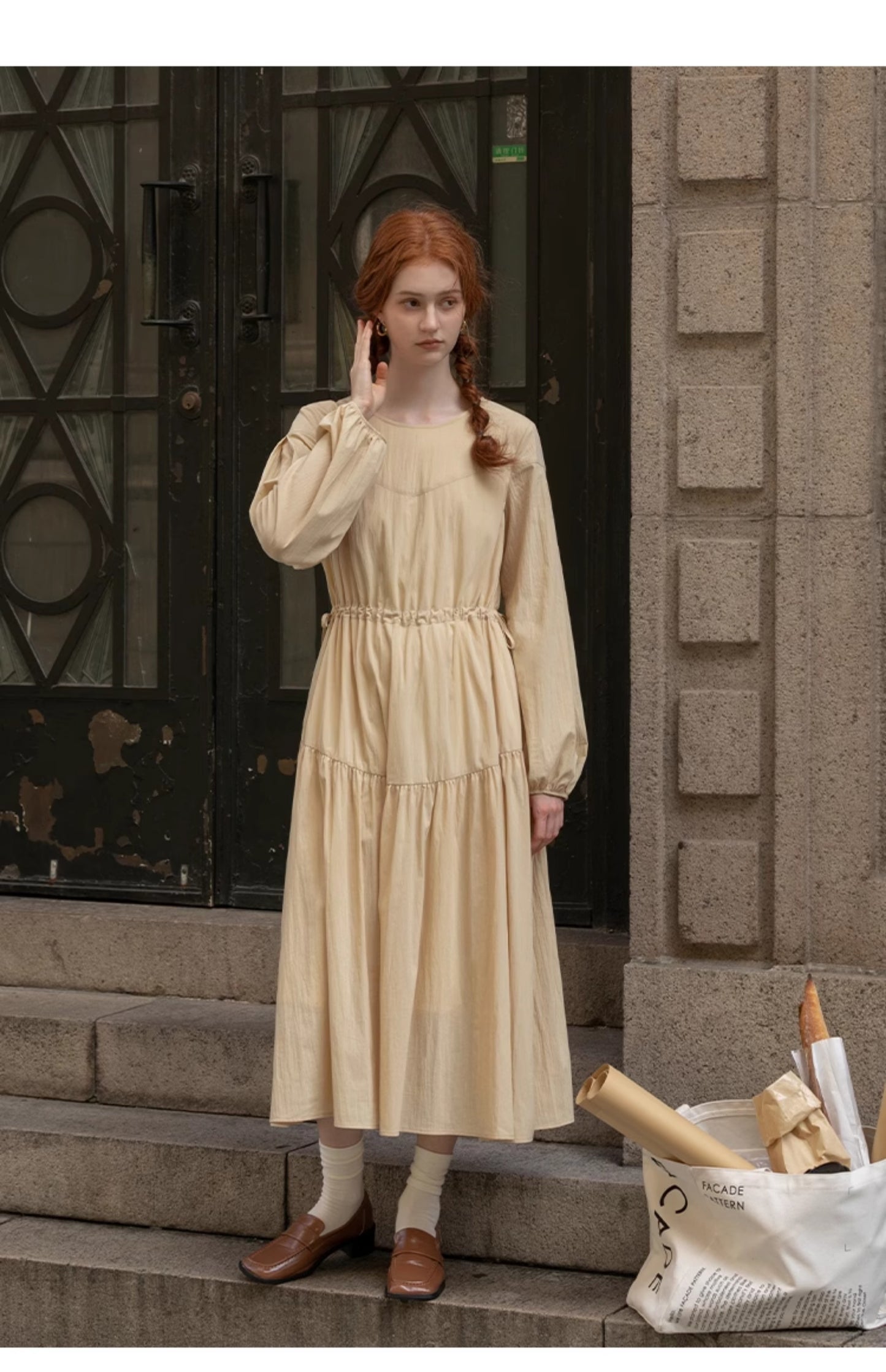 Adjustable Waist Puff Sleeve Panel Dress