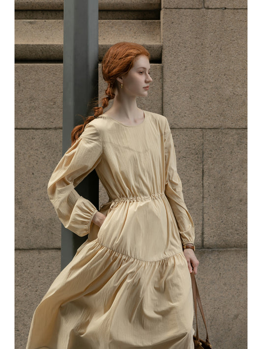 Adjustable Waist Puff Sleeve Panel Dress