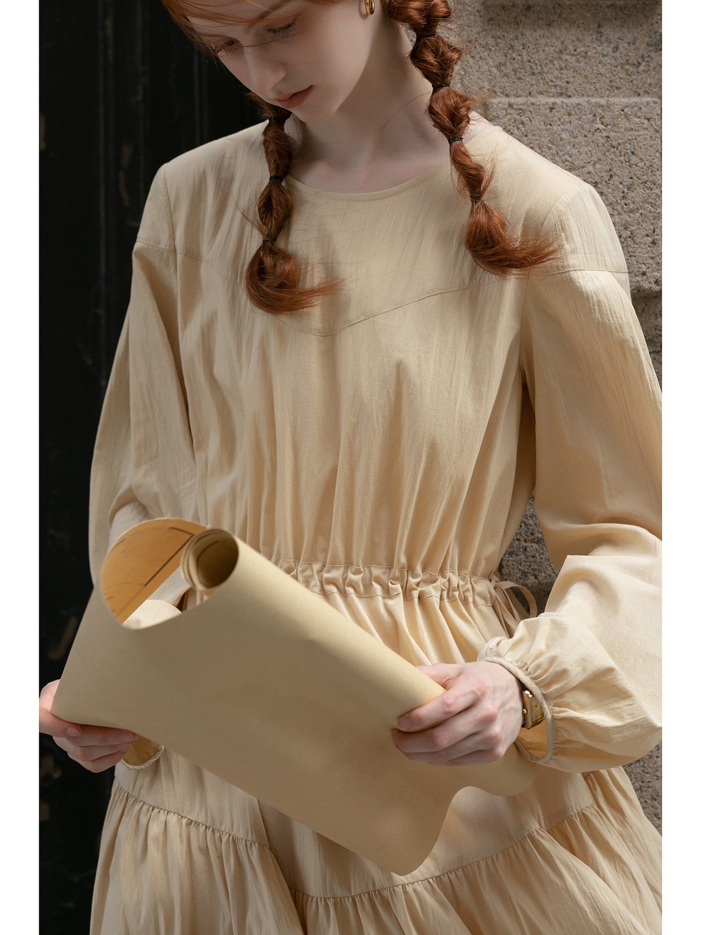 Adjustable Waist Puff Sleeve Panel Dress
