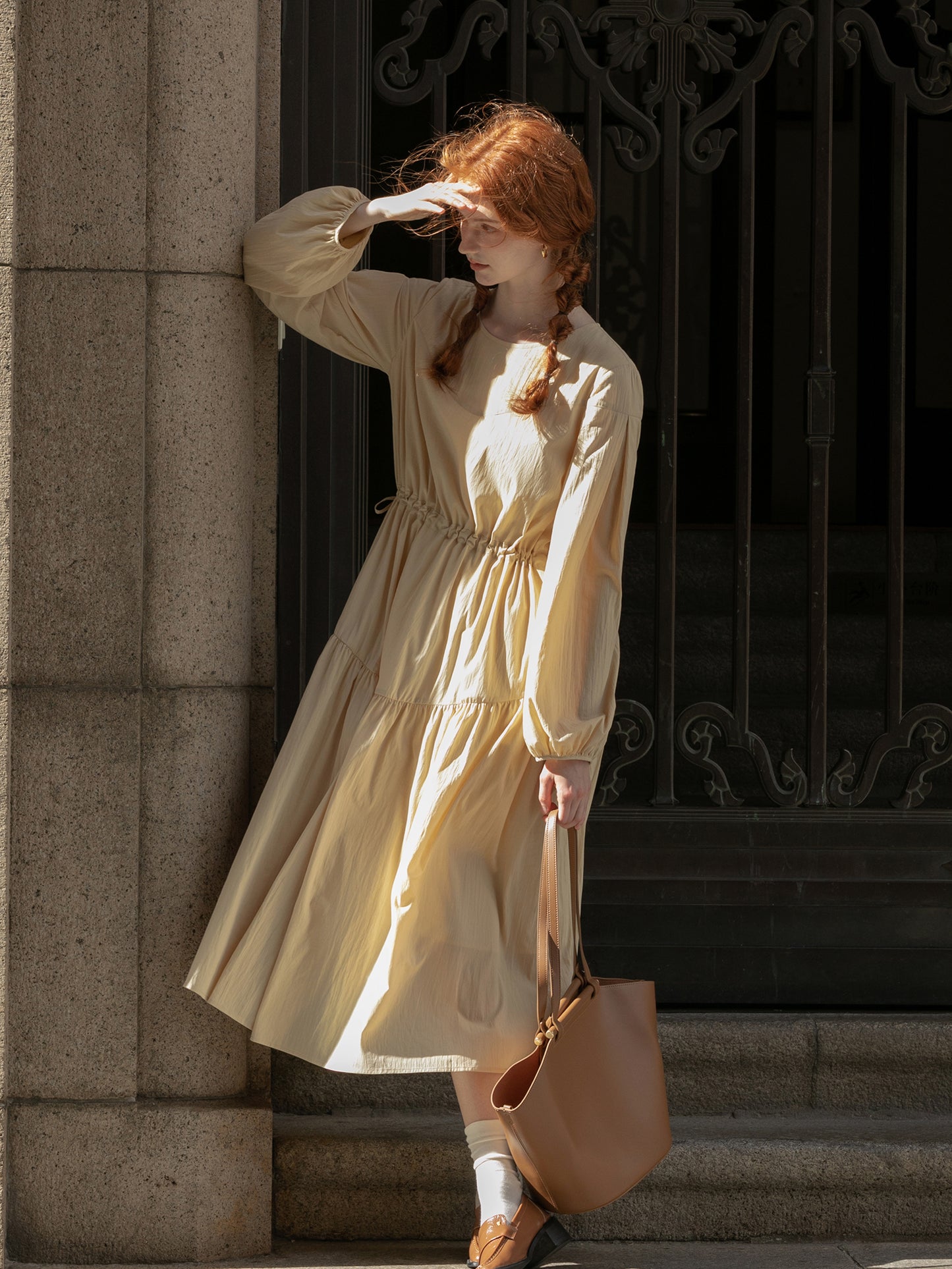 Adjustable Waist Puff Sleeve Panel Dress
